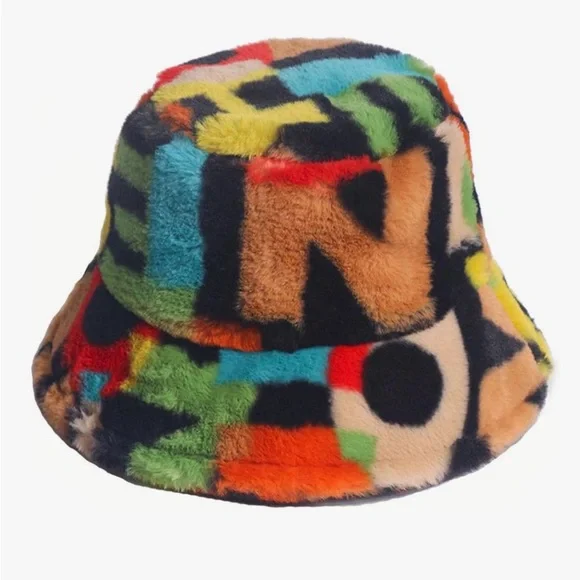 Multicolor Faux Fur Bucket Hat - Bold Pattern - Picture 2 of 4